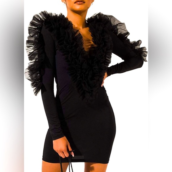Dresses & Skirts - Black Fall V-Neck Business Cocktail Ruffled Sleeves Bodycon Dress size M